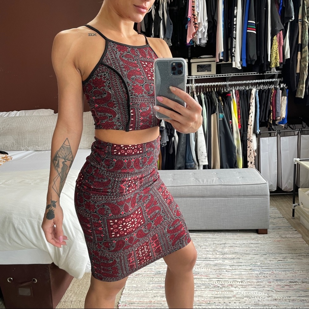 Red and Black Paisley Print Crop Top and Midi Set